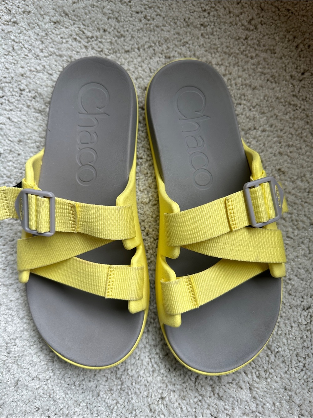Chaco Yellow Strap Slide Sandals with Gray Footbed
